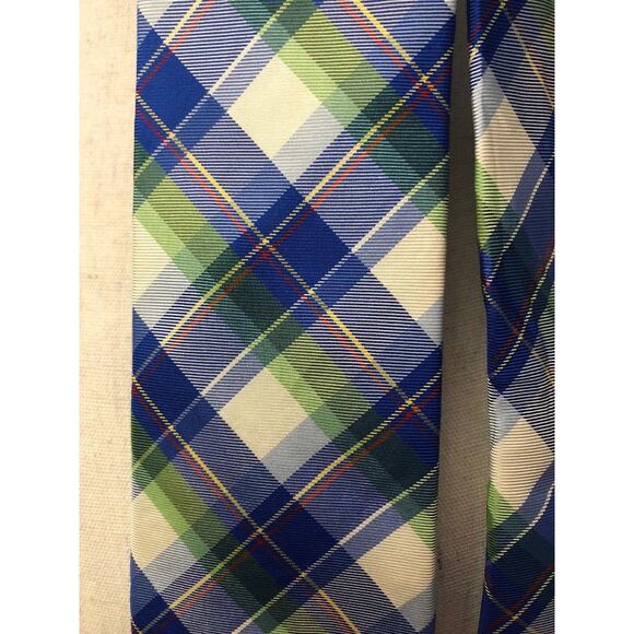 Tommy Hilfiger Blue, Green, Yellow, White, & Red Plaid Check 100% Silk Necktie - Picture 2 of 4